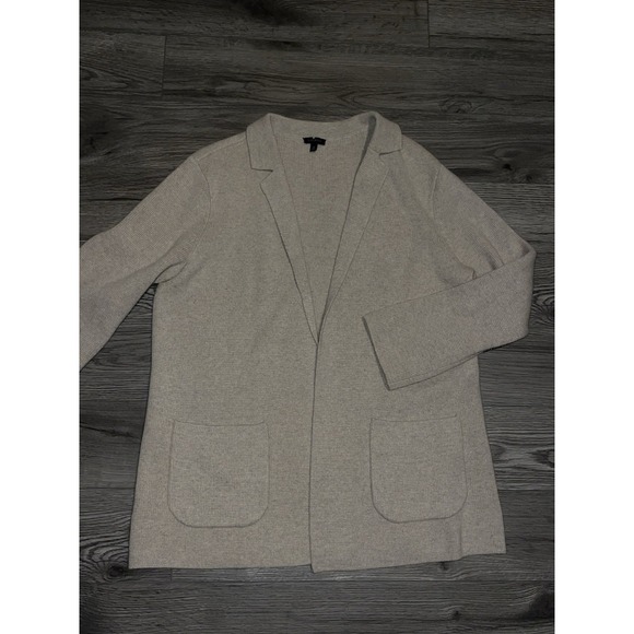 Talbots Wool Blend Beige Cardigan Knit Sweater Size Medium Open Front Pockets - Picture 3 of 8